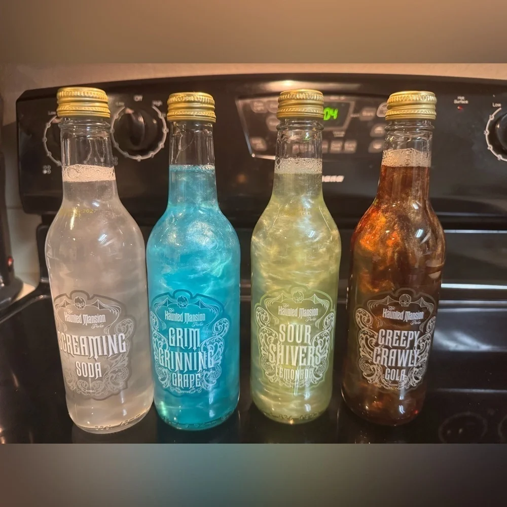 Disney Cruise Treasure Haunted Mansion Parlor 4 Soda Bottle SET NEW Sealed RARE